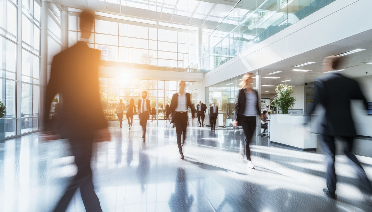 The photograph shows many business people in suits walking quickly through a bright, spacious office building with large windows.